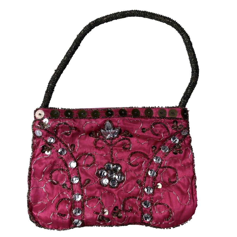 Vintage Y2K Hot Pink Beaded Sequin Mini Bag Boho Glam Indie Sleaze